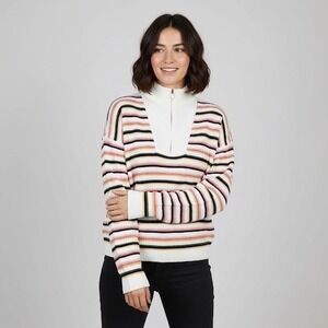 Lands End Drifter Striped Mock Neck Quarter Zip Sweater Womens Medium White Pink